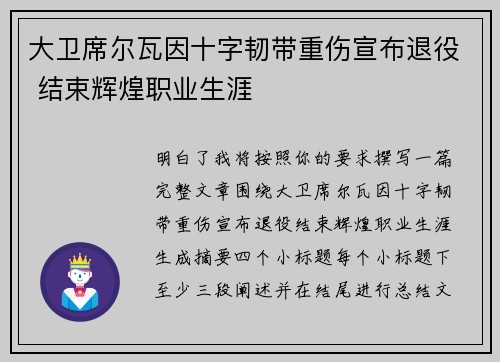 大卫席尔瓦因十字韧带重伤宣布退役 结束辉煌职业生涯