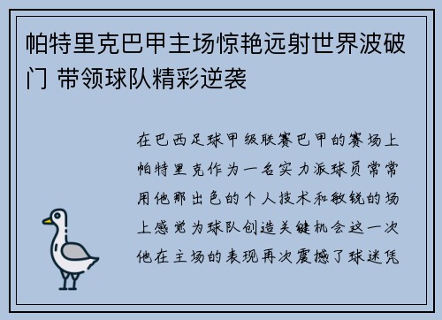 帕特里克巴甲主场惊艳远射世界波破门 带领球队精彩逆袭