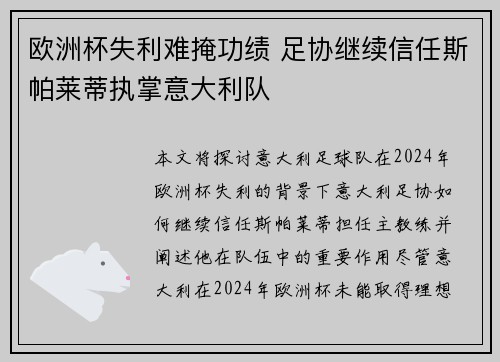 欧洲杯失利难掩功绩 足协继续信任斯帕莱蒂执掌意大利队